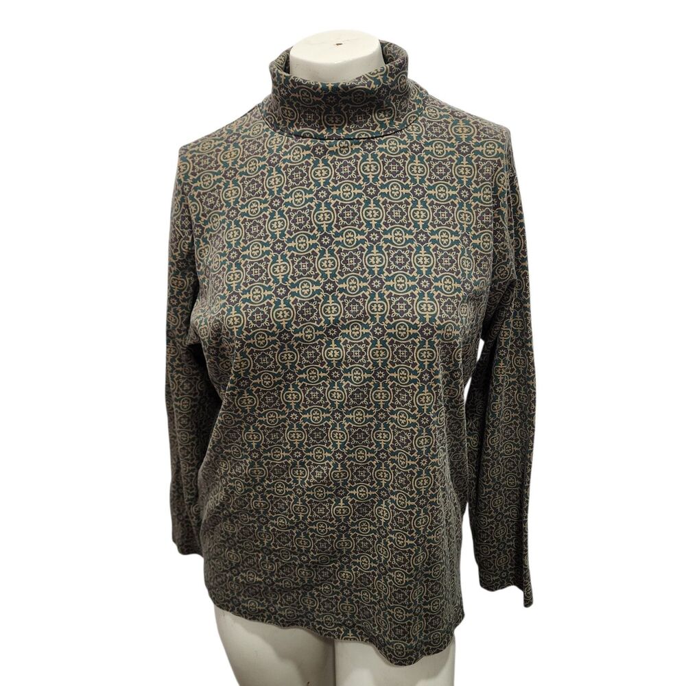 Vintage Woolrich Turtleneck Top Womens M Green Geometric Print Cotton